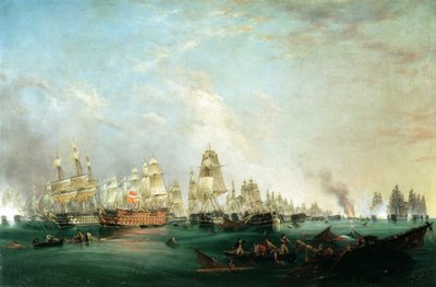 サンティシマトリニダードからネプチューンへの降伏、トラファルガーの戦い、午後3時、1805年10月21日 作： Lieutenant Robert Strickland Thomas